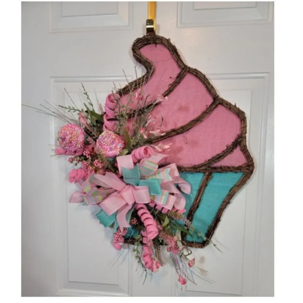 Cupcake Wreath, Pink Blue Birthday Cupcake Front Door Wreath, Hand Crafted